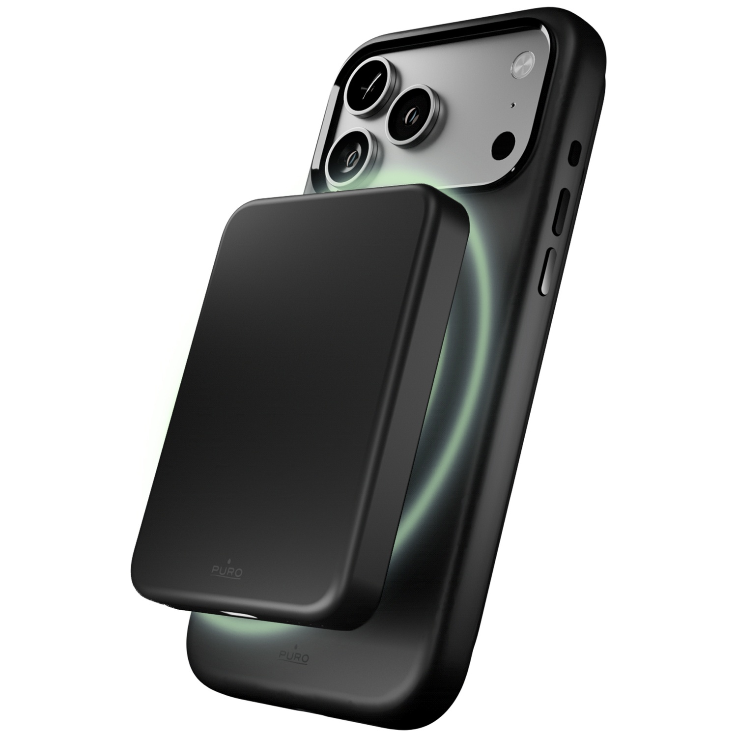 Téléphone noir avec chargeur noir attaché, brillant en vert.