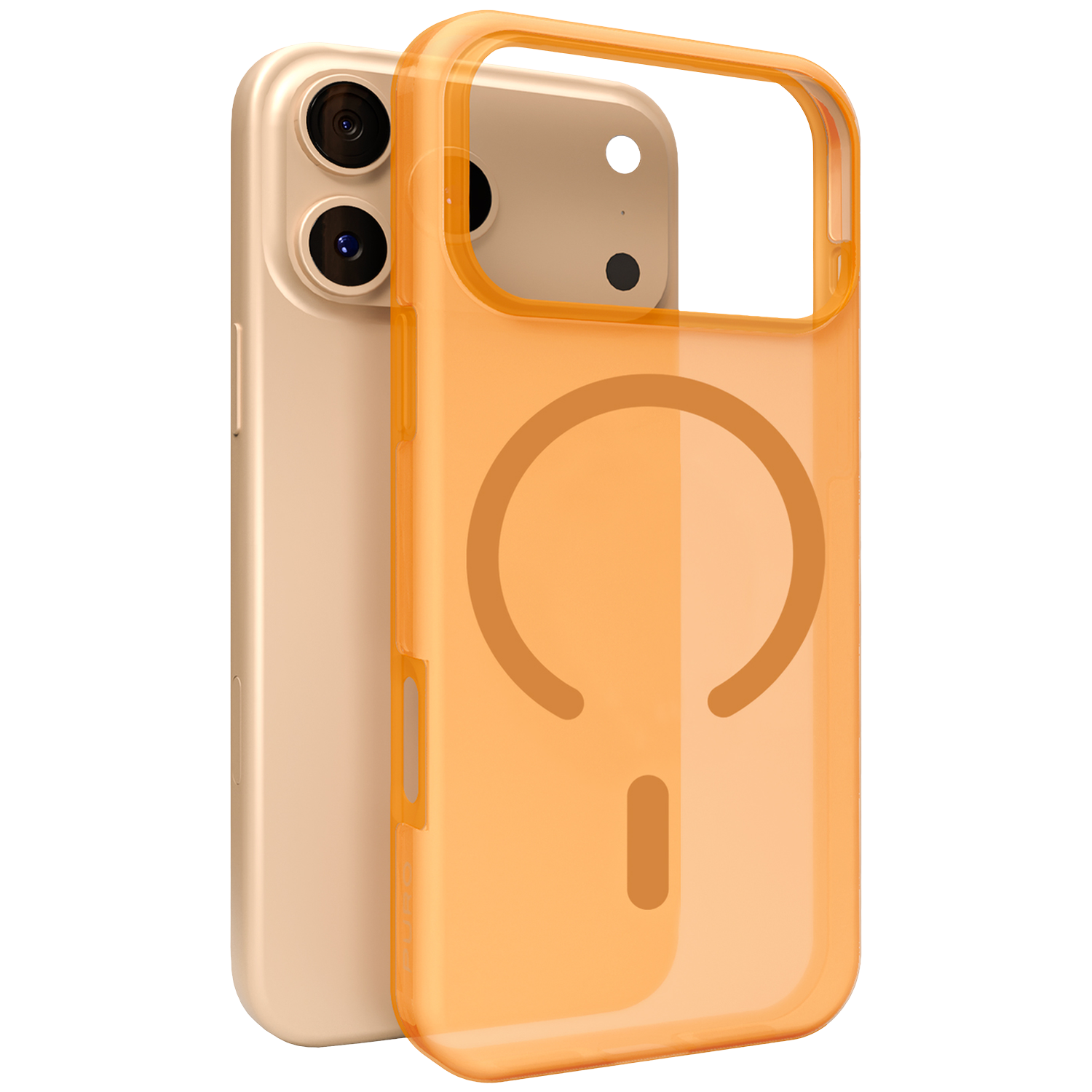 Un smartphone doré avec un étui orange au premier plan.