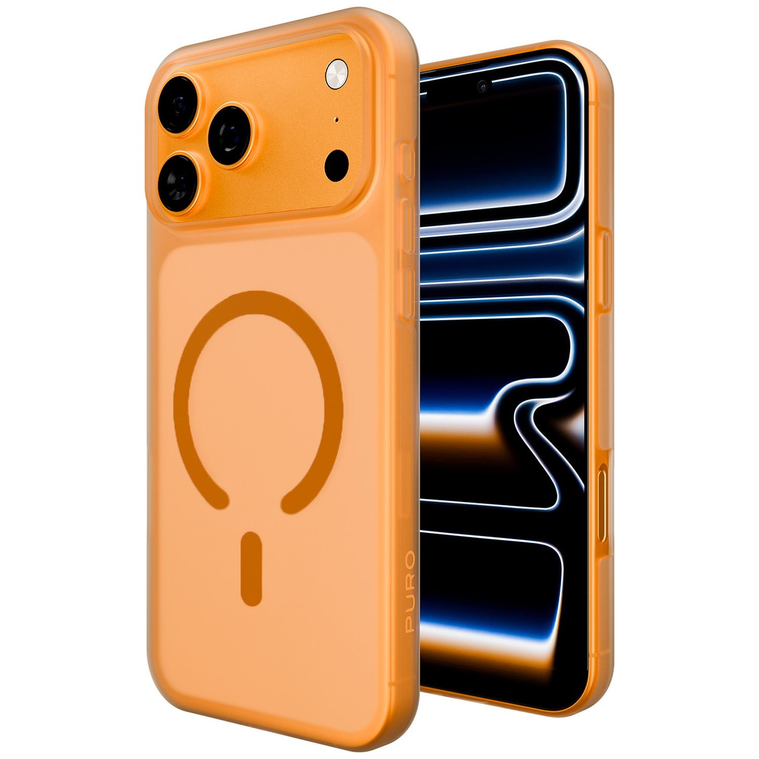 Une coque de téléphone orange avec logo circulaire et module caméra.
