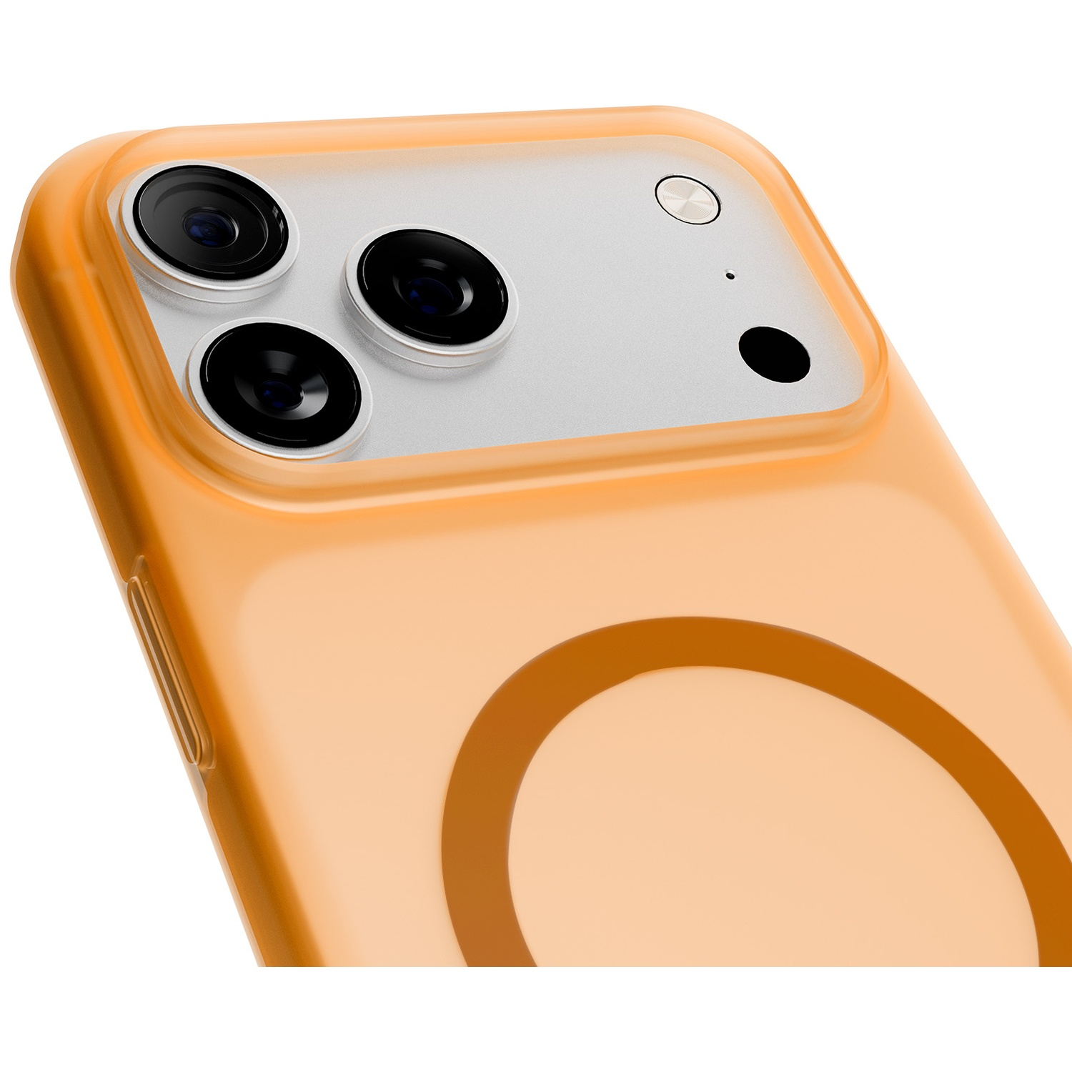 Coque orange avec trois objectifs de caméra et flash sur fond blanc.