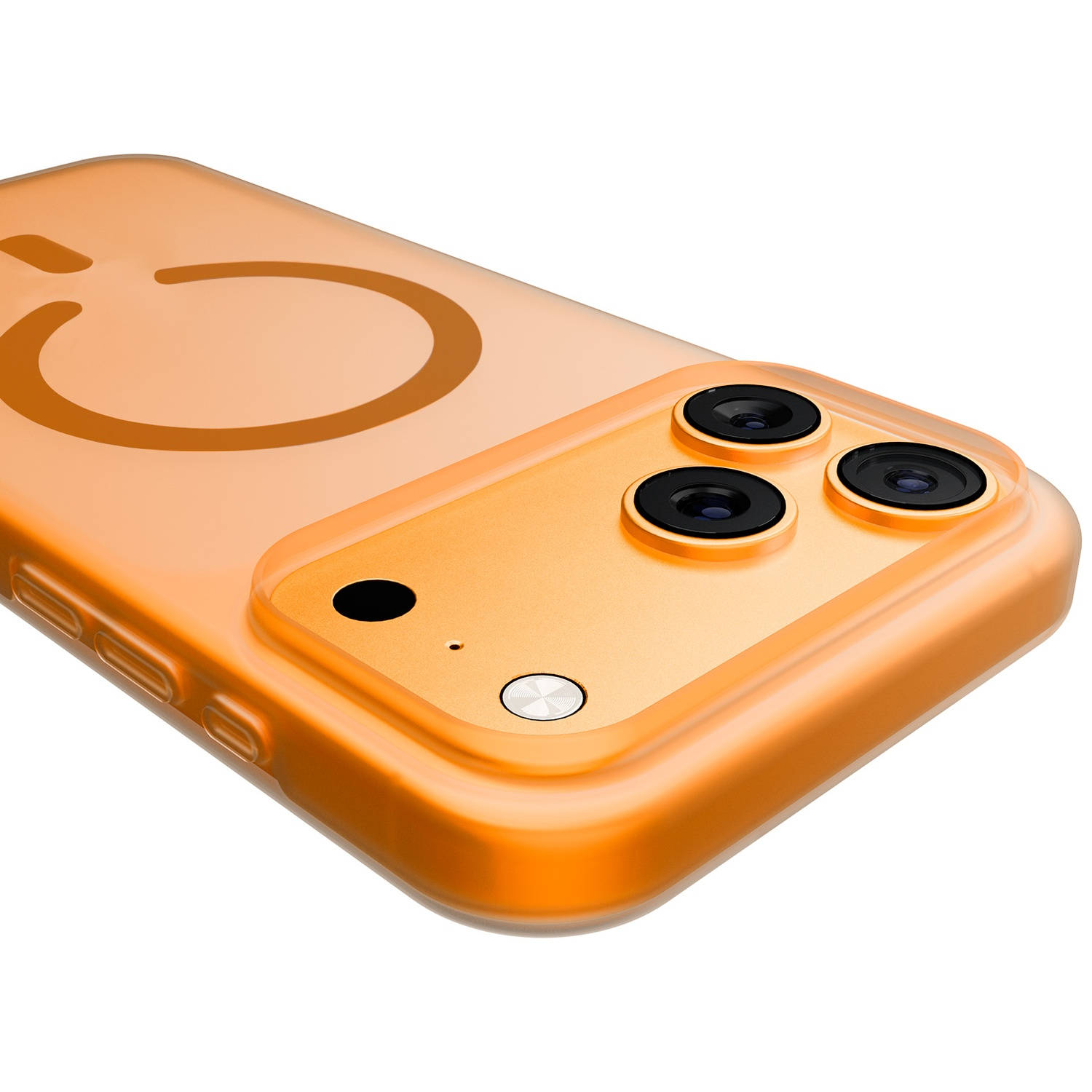 Coque de téléphone orange avec trois objectifs de caméra et une icône de bouton d'alimentation.
