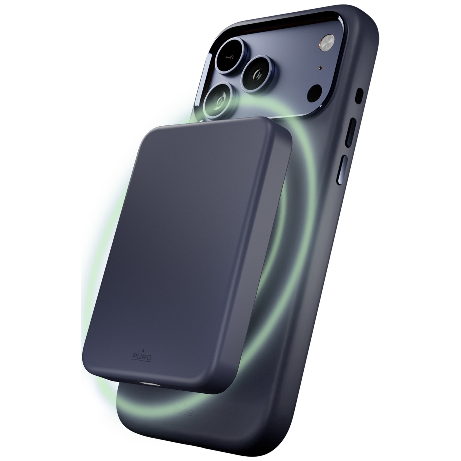 iPhone gris foncé avec chargeur magnétique. Une aura verte entoure l'appareil.