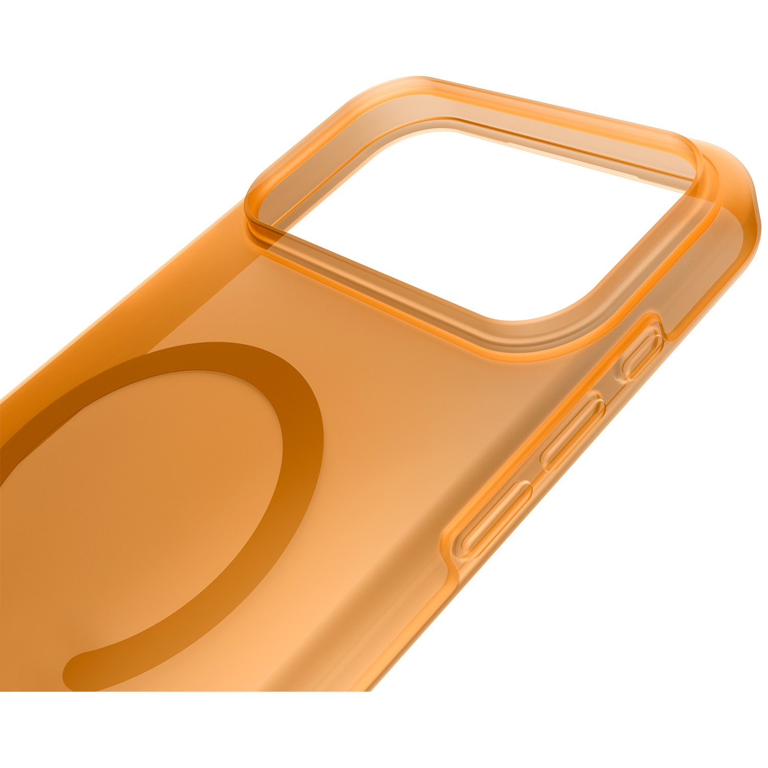 Coque de téléphone translucide orange avec anneau magnétique pour MagSafe.
