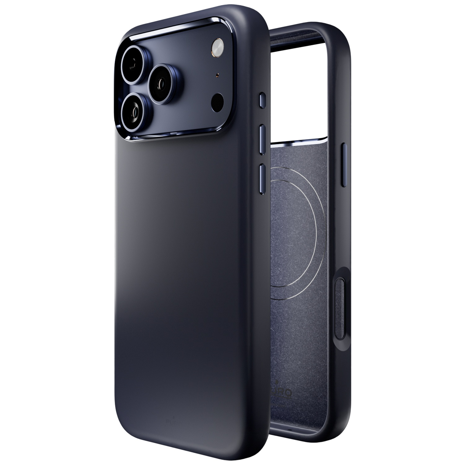 Coque de téléphone bleu foncé avec trois objectifs de caméra et un cercle magnétique.