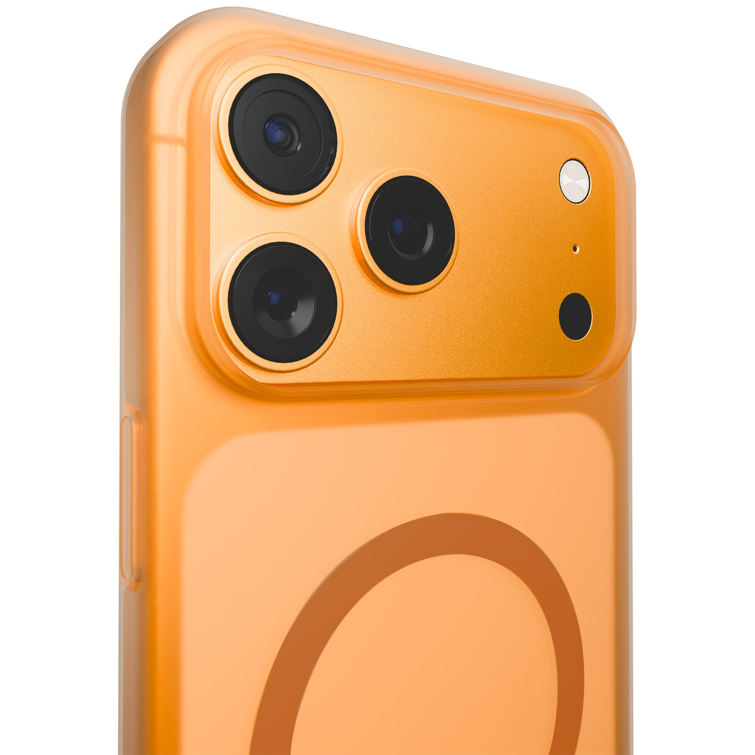 Smartphone orange avec trois objectifs de caméra et un cercle au dos.