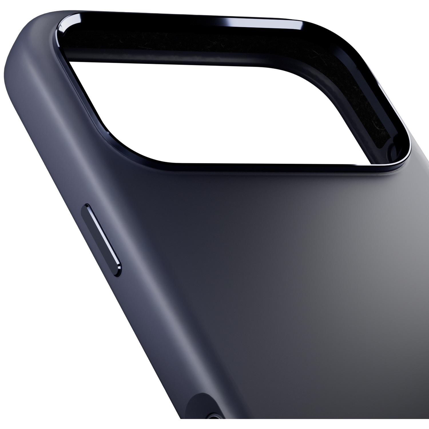 Coque de téléphone gris foncé avec bouton argenté sur le côté.