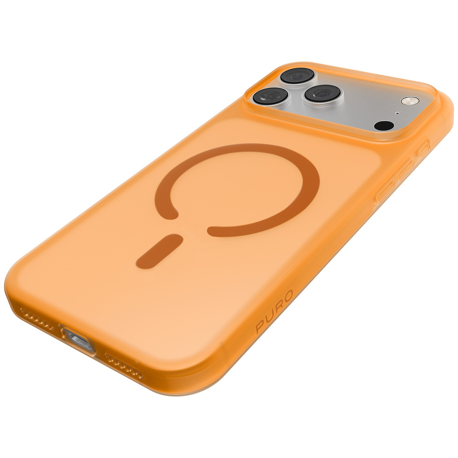 Une coque de téléphone orange avec un cercle MagSafe au dos.