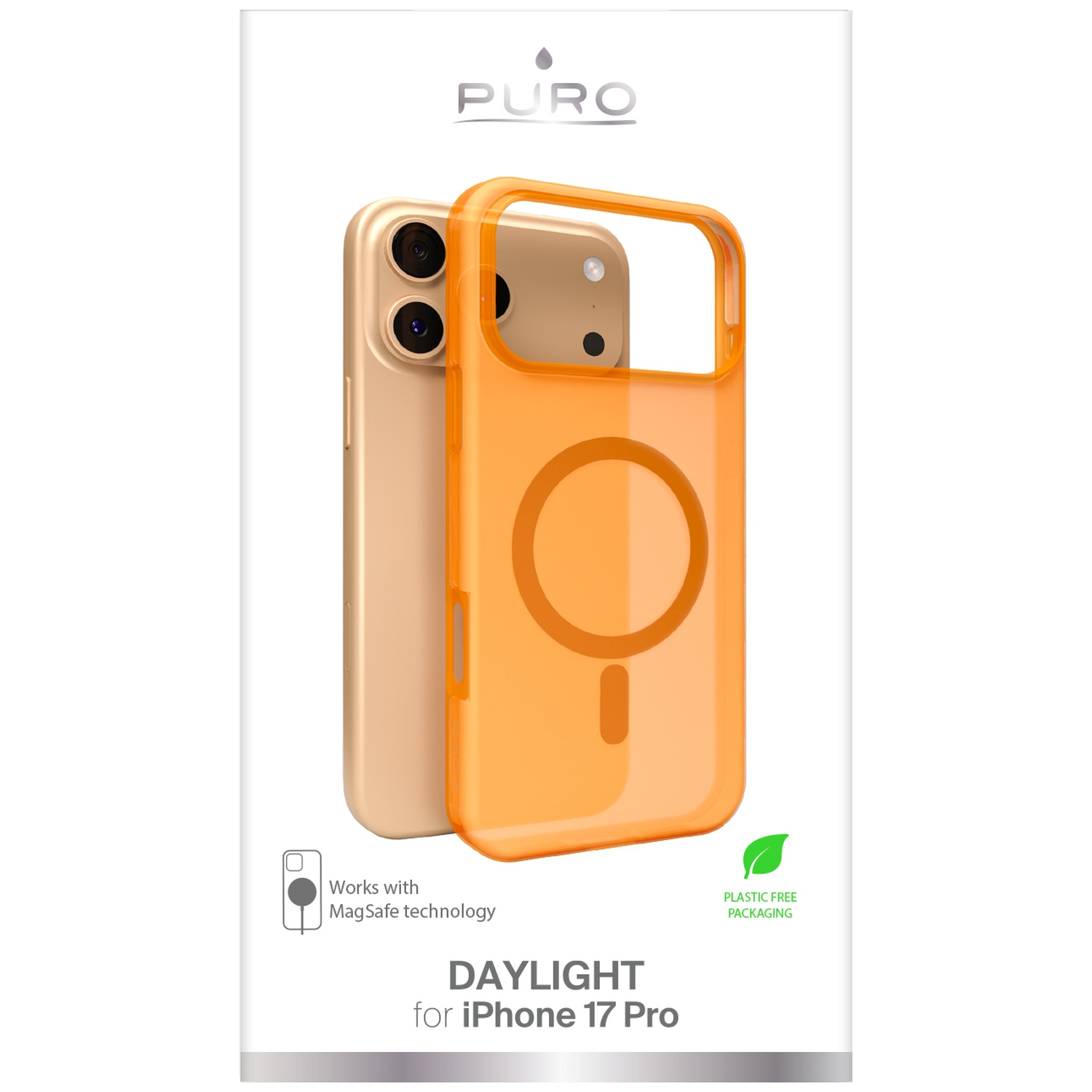 Coque orange MagSafe pour iPhone à côté d'un iPhone doré.