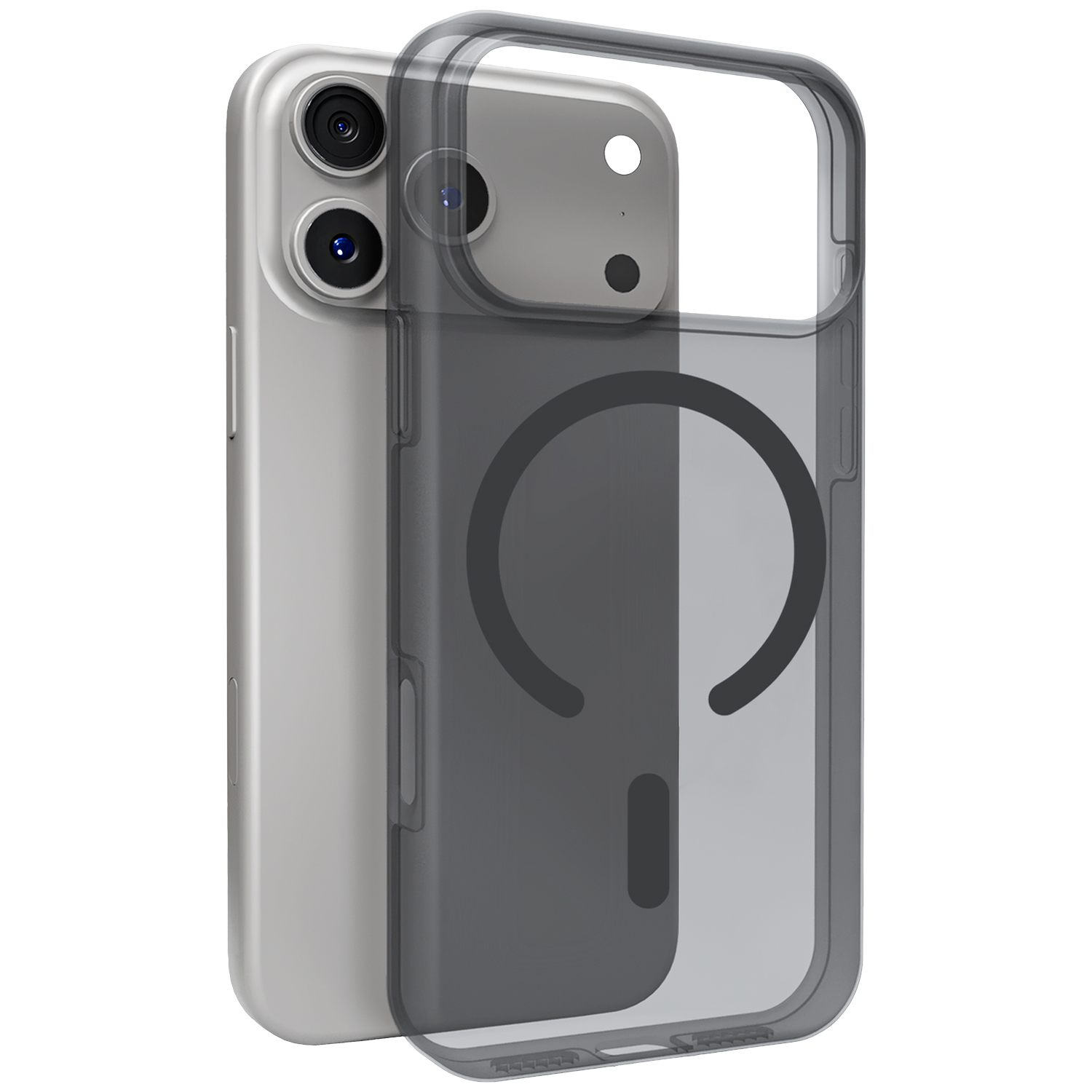 Un smartphone argenté avec une coque de protection transparente est présenté.