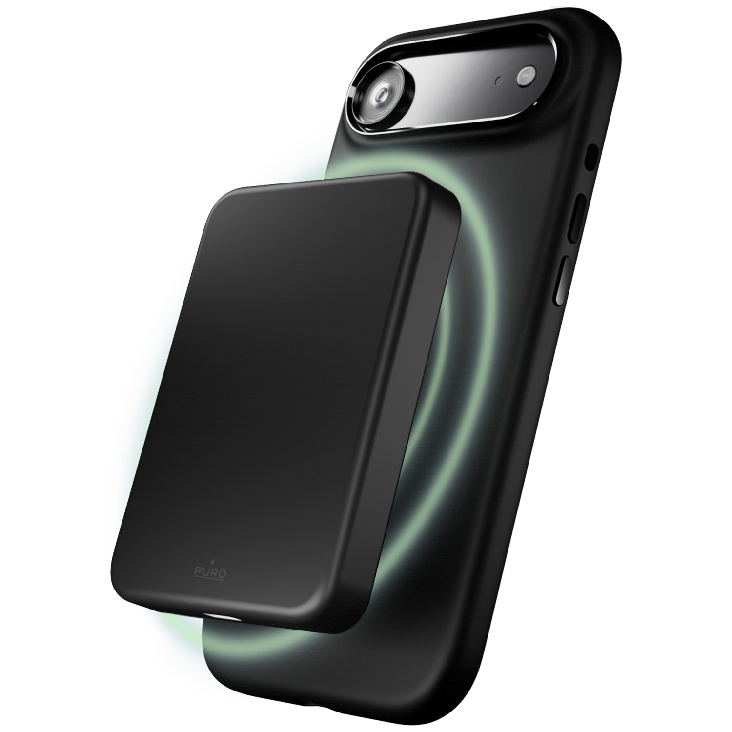 Smartphone noir avec batterie magnétique noire, aura vert clair.