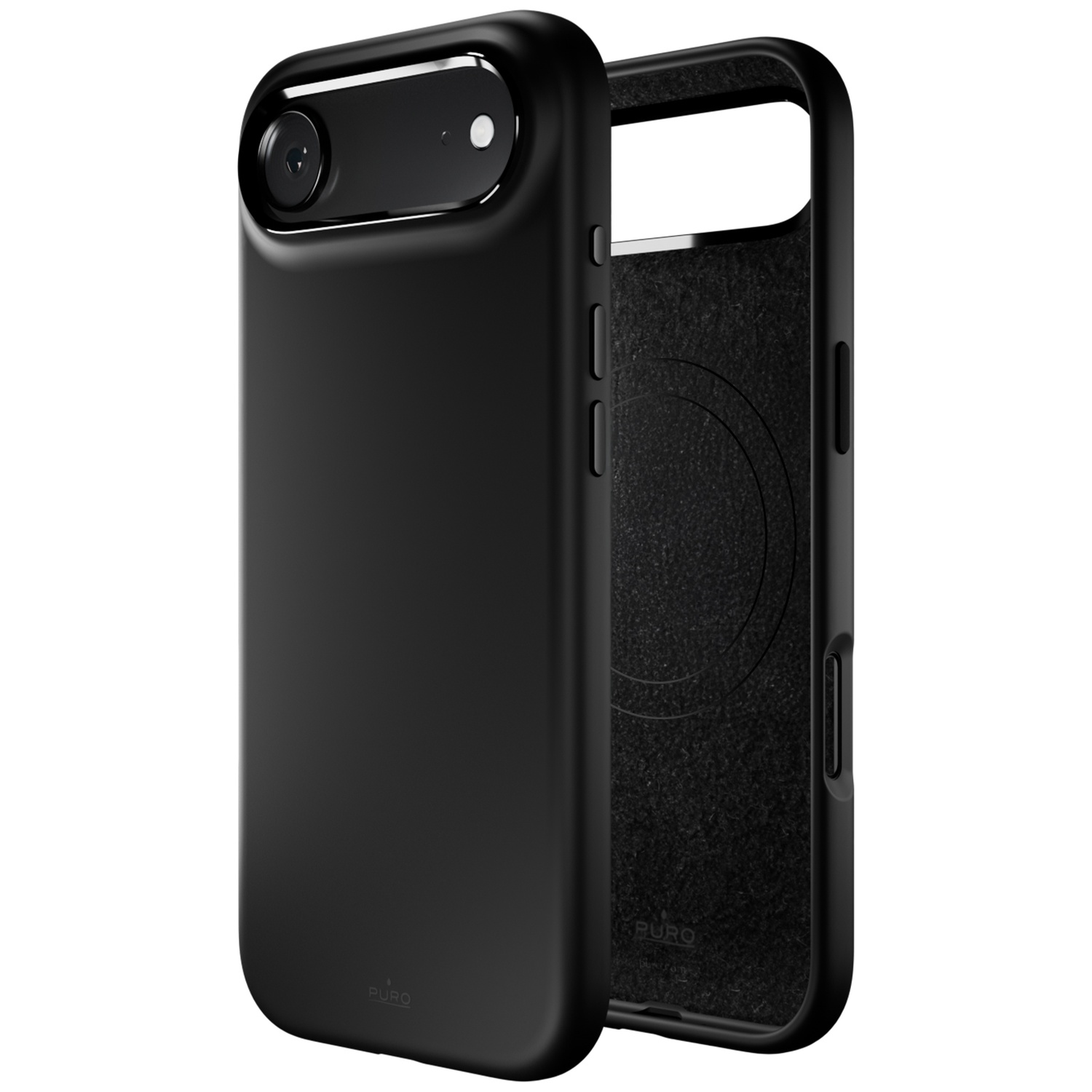 Coque de téléphone noire ouverte, montrant la découpe caméra et l'intérieur doux.
