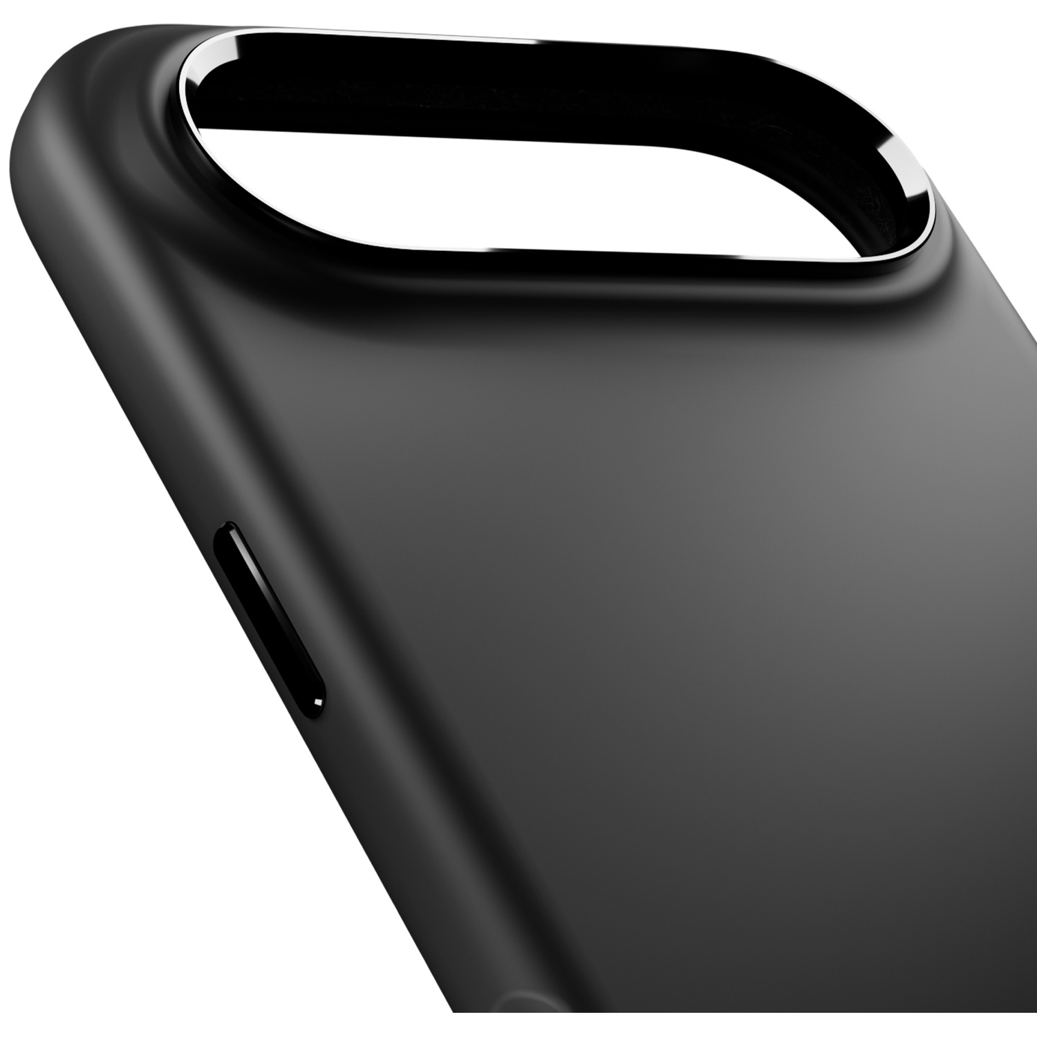 Coque de téléphone noire avec bord brillant et découpe, vue rapprochée.