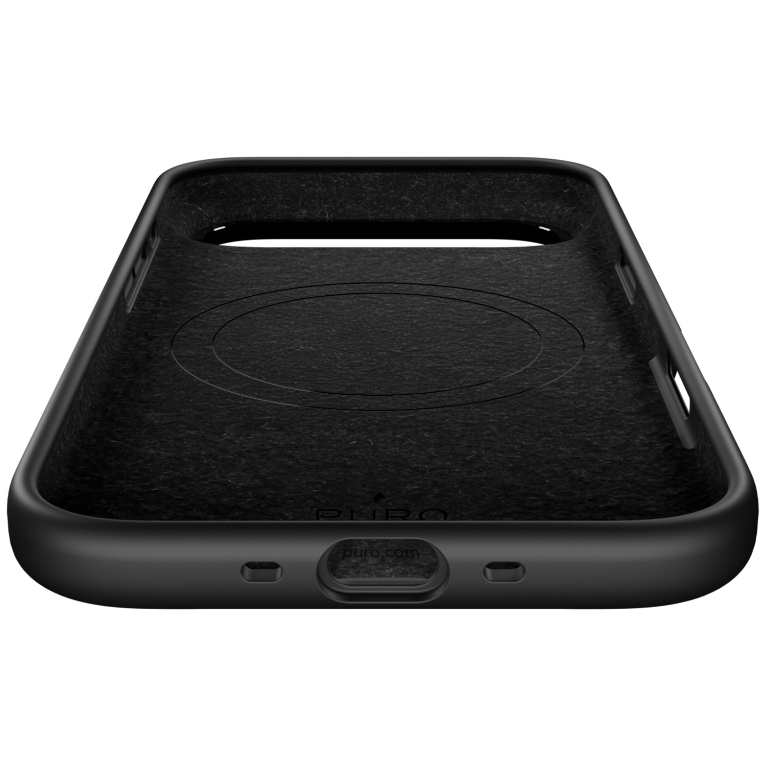 Coque de téléphone noire avec cercle en relief à l'intérieur.