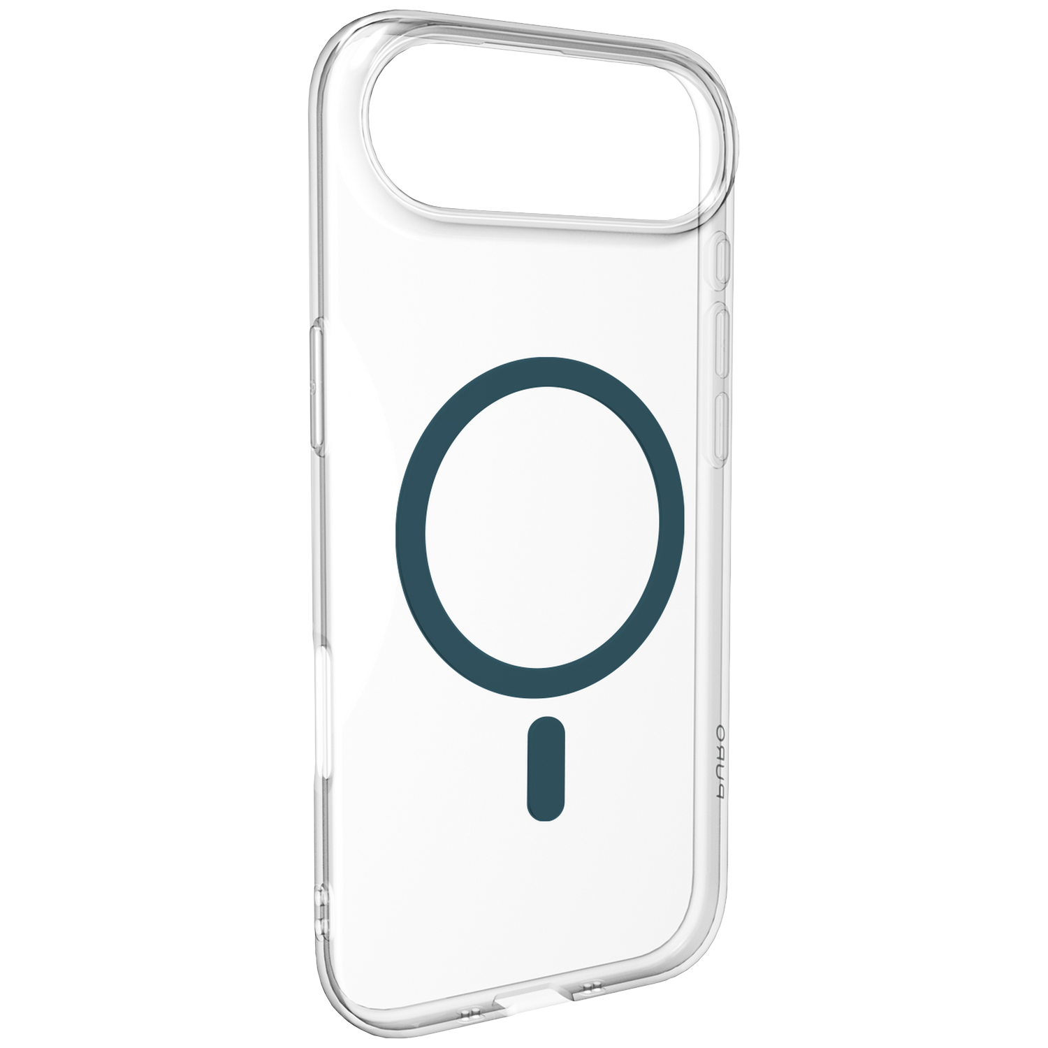 Coque transparente avec symbole de cercle magnétique bleu.