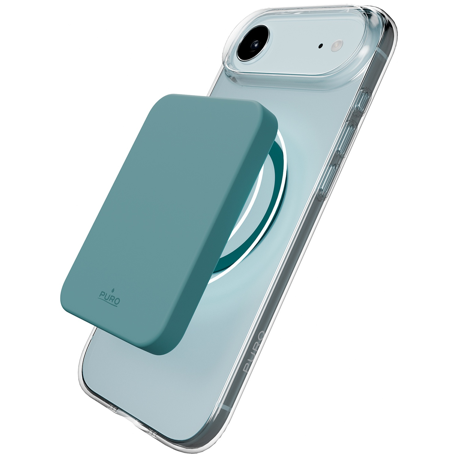 Une poignée bleu sarcelle se fixe à l'arrière d'une coque d'iPhone transparente.