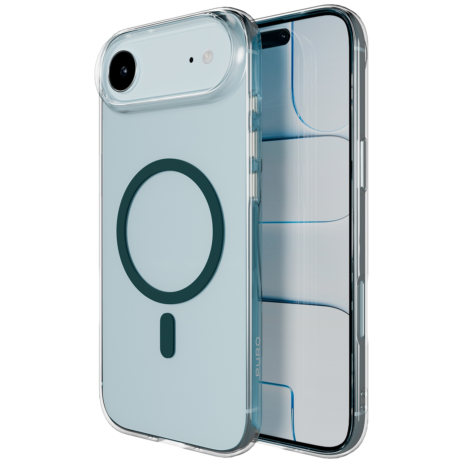 Coque de téléphone transparente avec anneau MagSafe et découpe caméra.