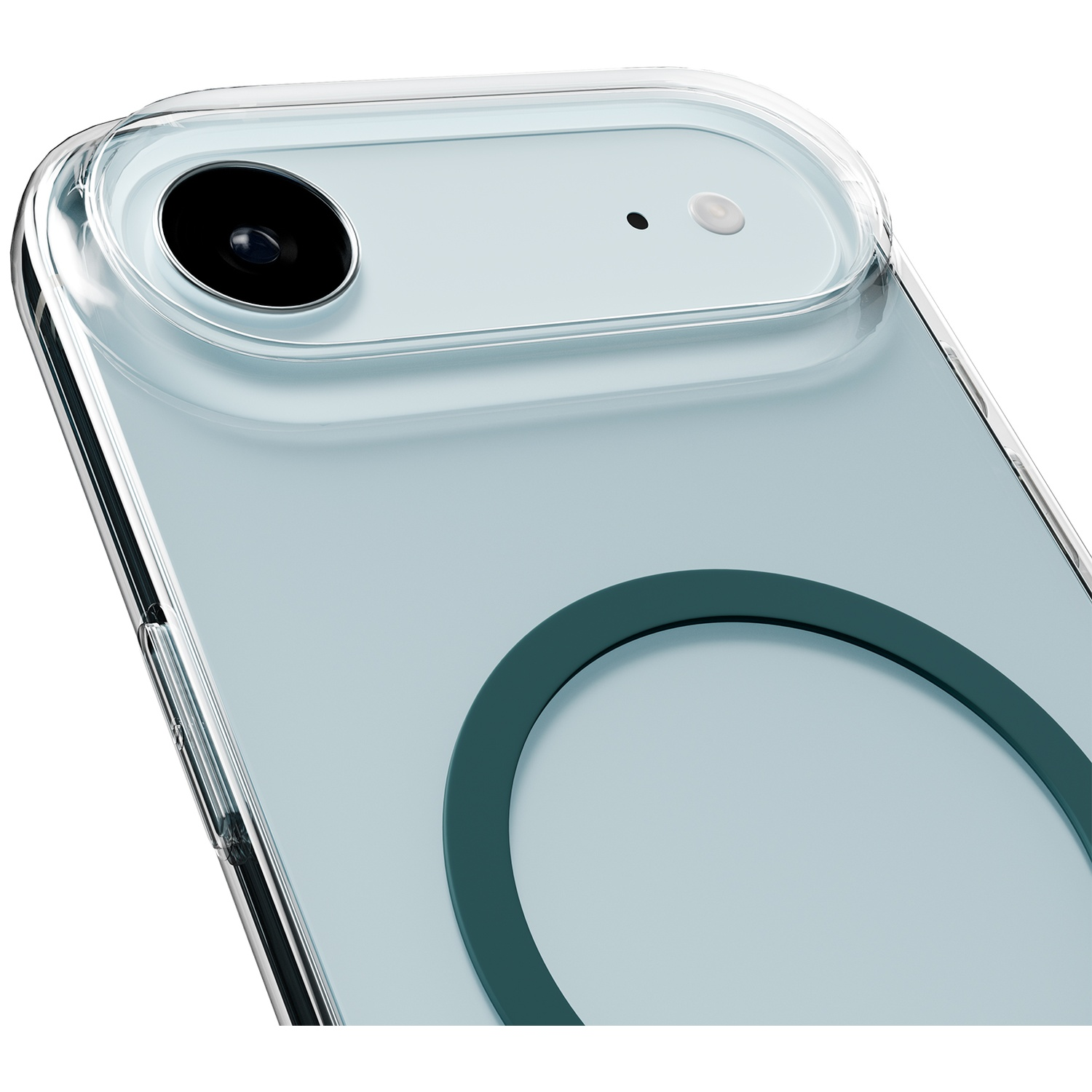 Arrière d'un smartphone bleu clair avec coque transparente, appareil photo et anneau.