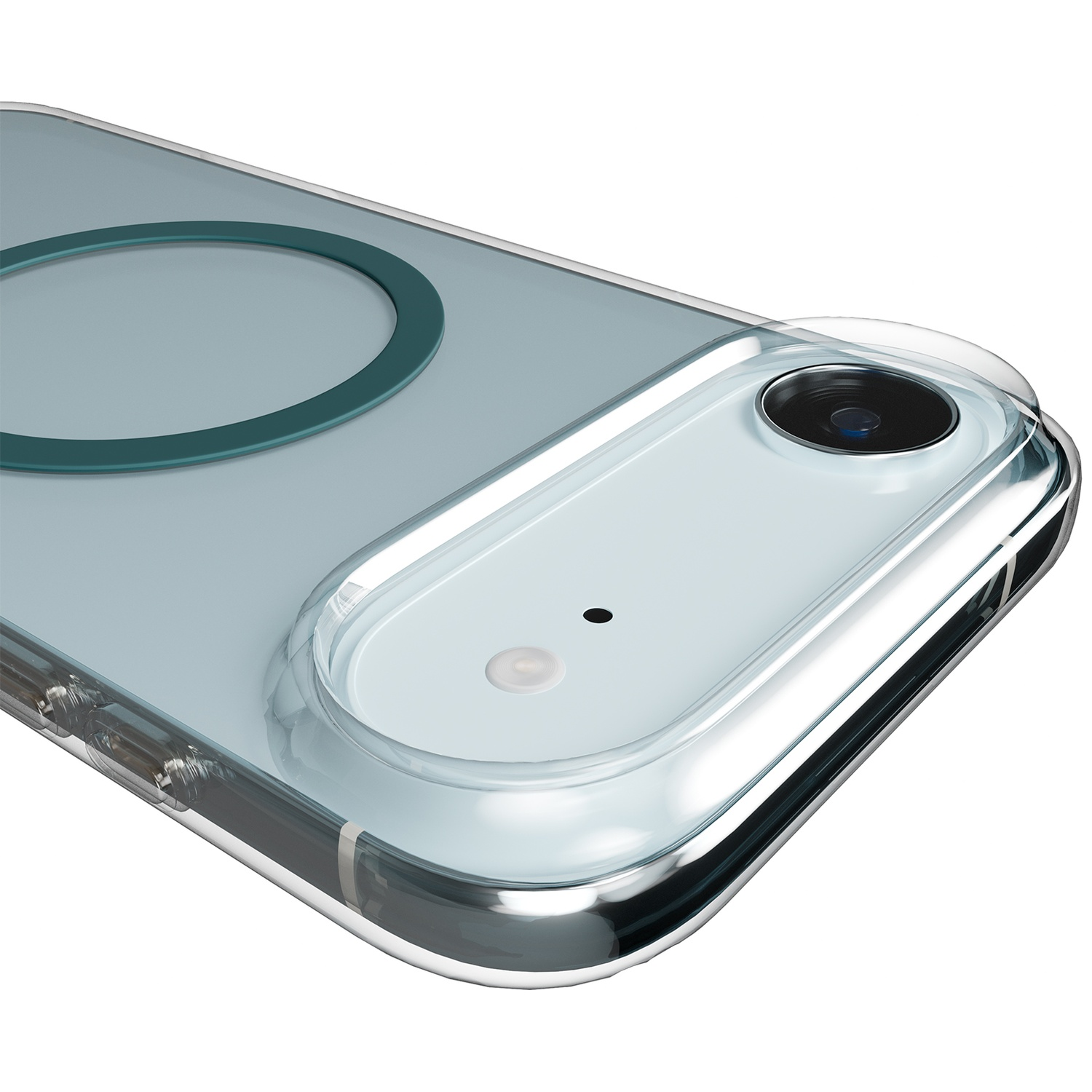 Coque de téléphone transparente montre caméra et anneau sur fond blanc.