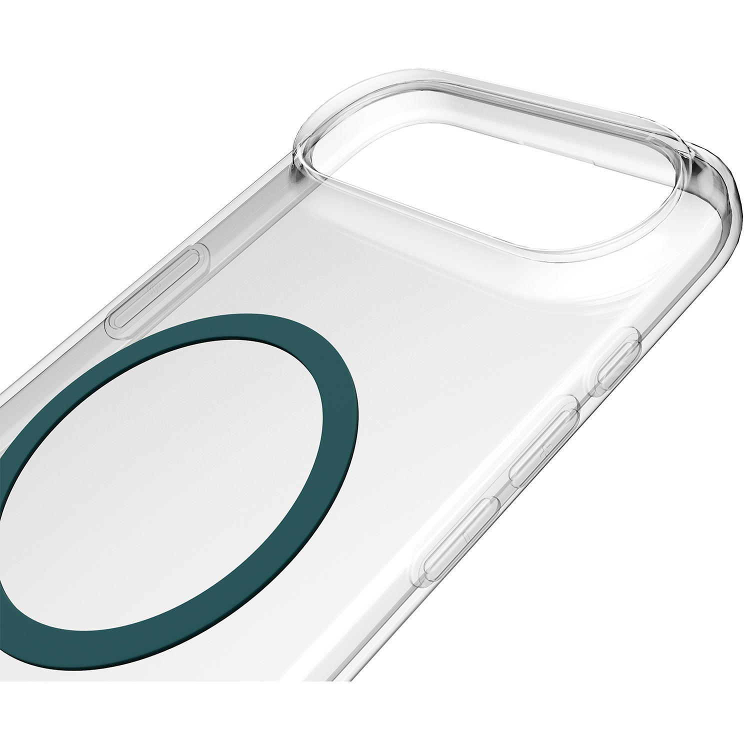 Coque de téléphone transparente avec cercle foncé et boutons latéraux.