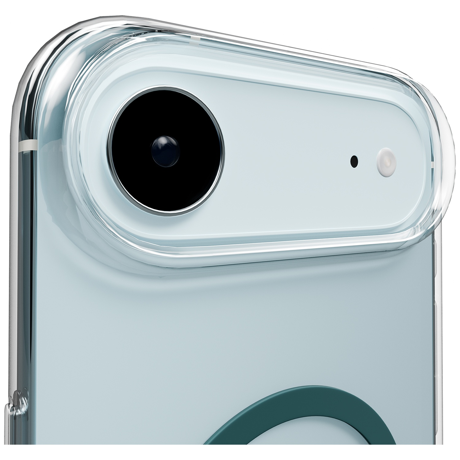 Gros plan de l'arrière d'un téléphone avec système de caméra et étui transparent.