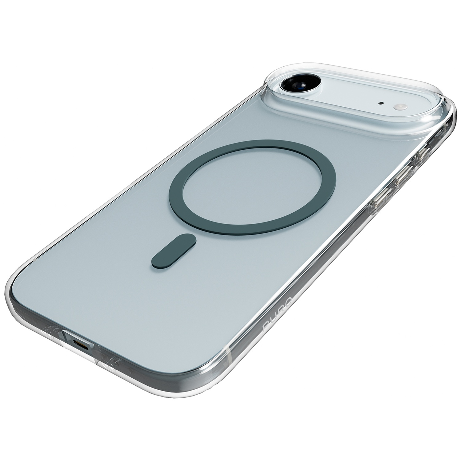 Coque de téléphone transparente avec anneau magnétique et port de charge.