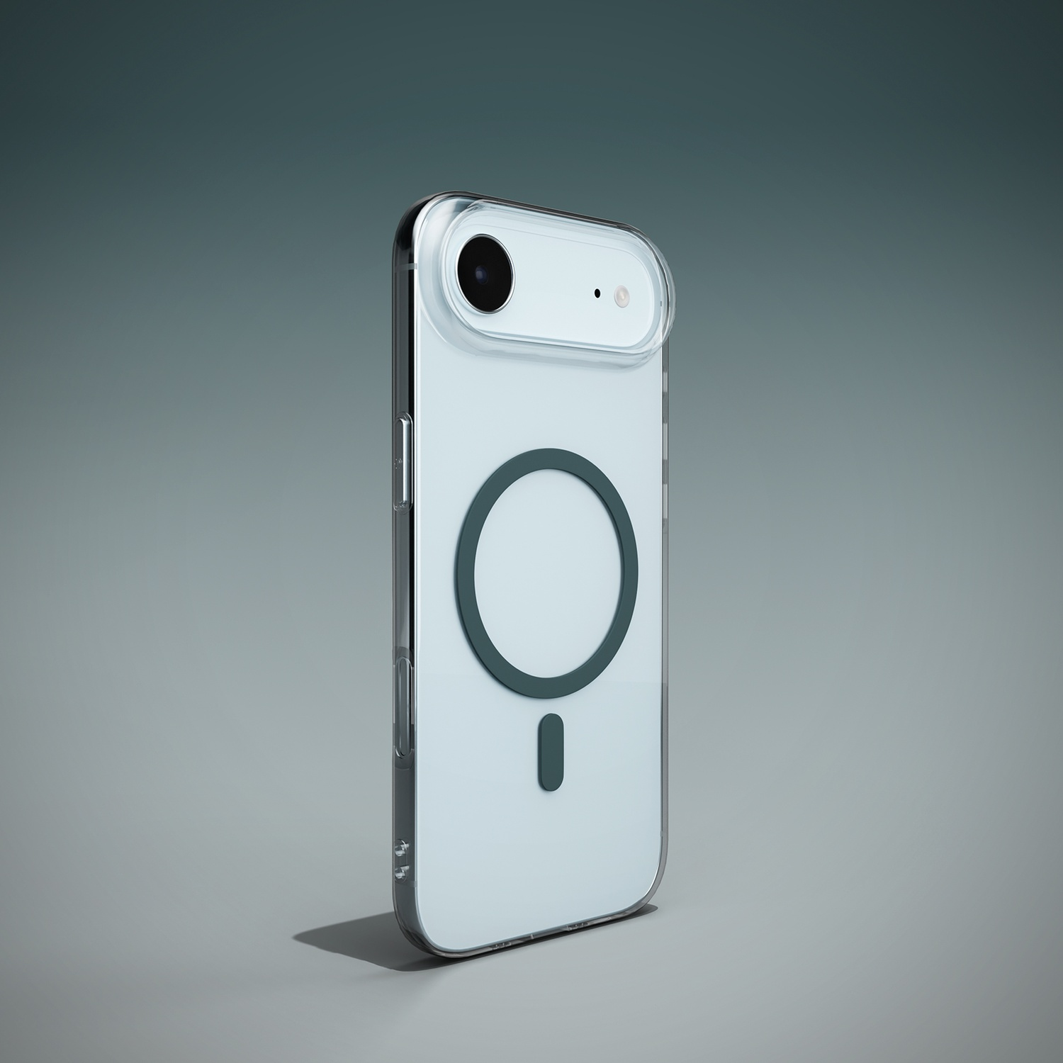 Un smartphone bleu clair dans un étui transparent avec un anneau magnétique.