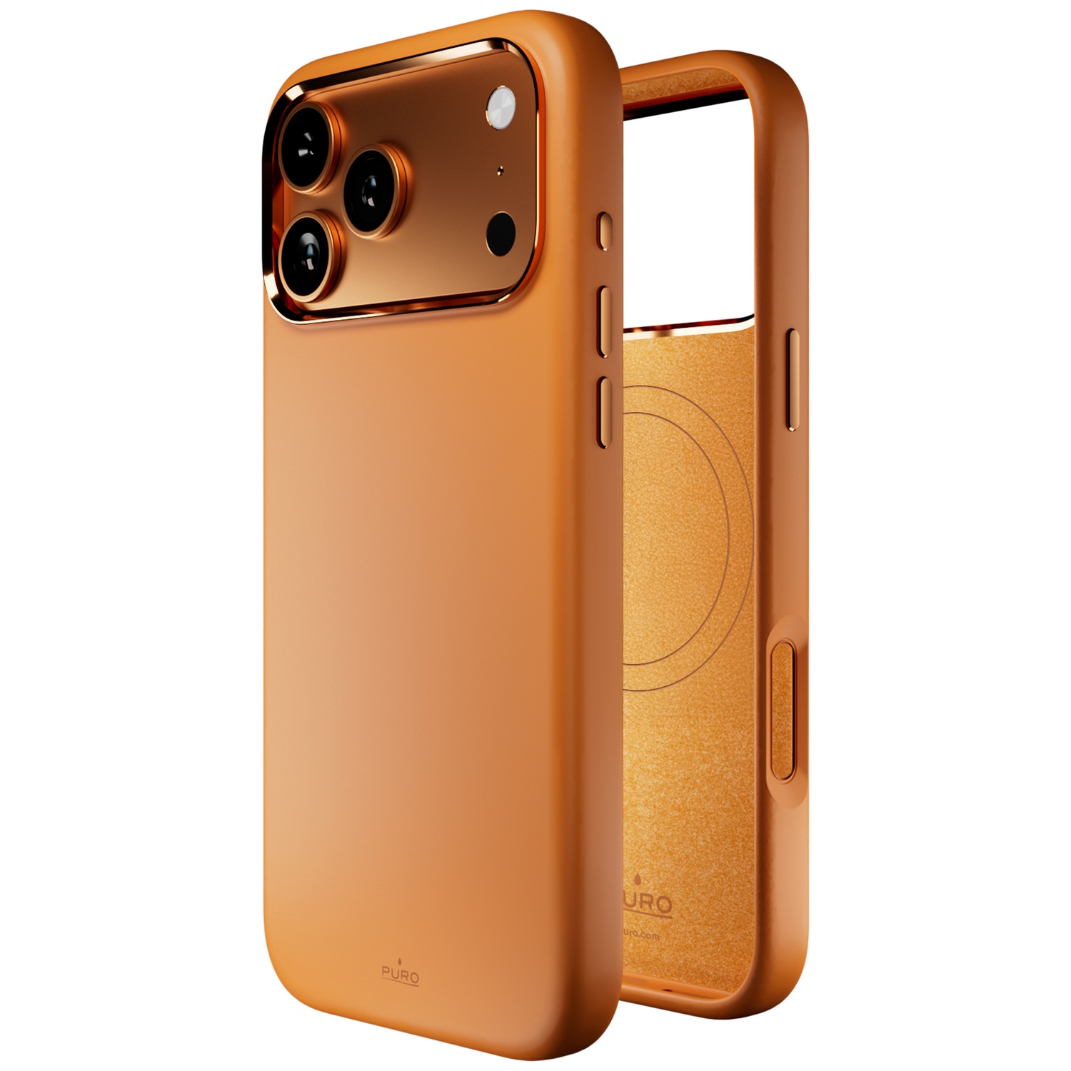 Oranje telefoonhoesje met drie cameralenzen en glanzende rand.