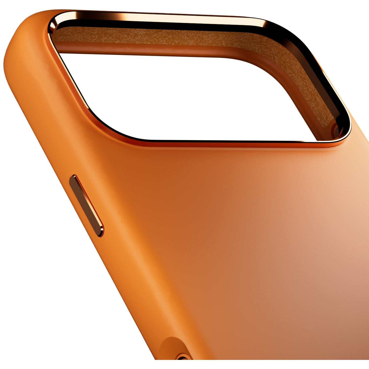 Oranje telefoonhoesje met gouden rand en uitsparing.