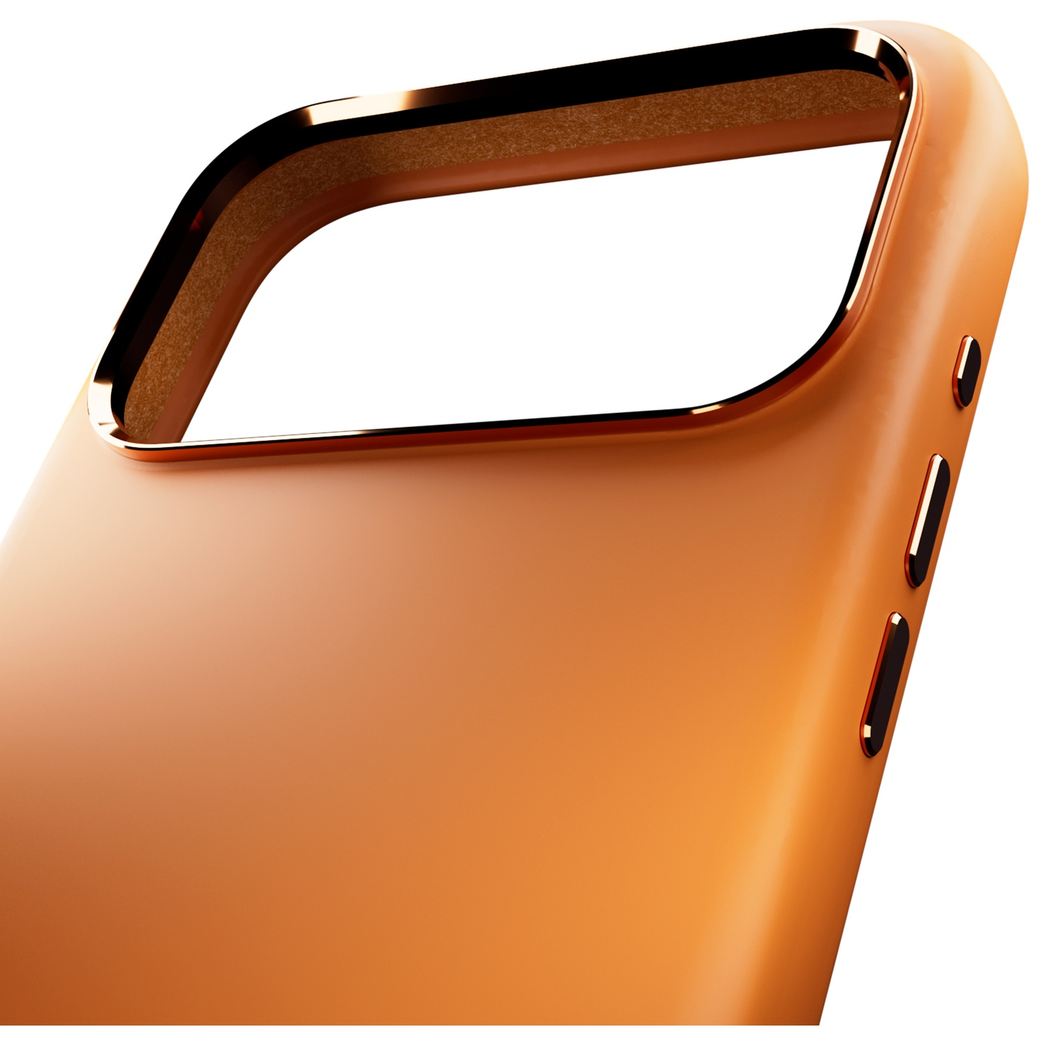 Close-up van een oranje telefoonhoesje met glanzende metalen randen.