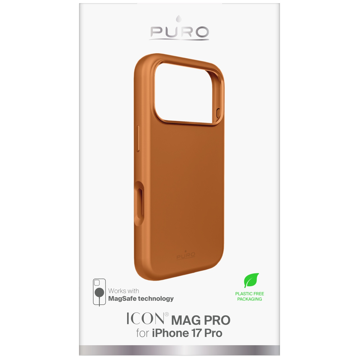 Oranje Puro iPhone 17 Pro hoesje met MagSafe-technologie en plasticvrije verpakking.