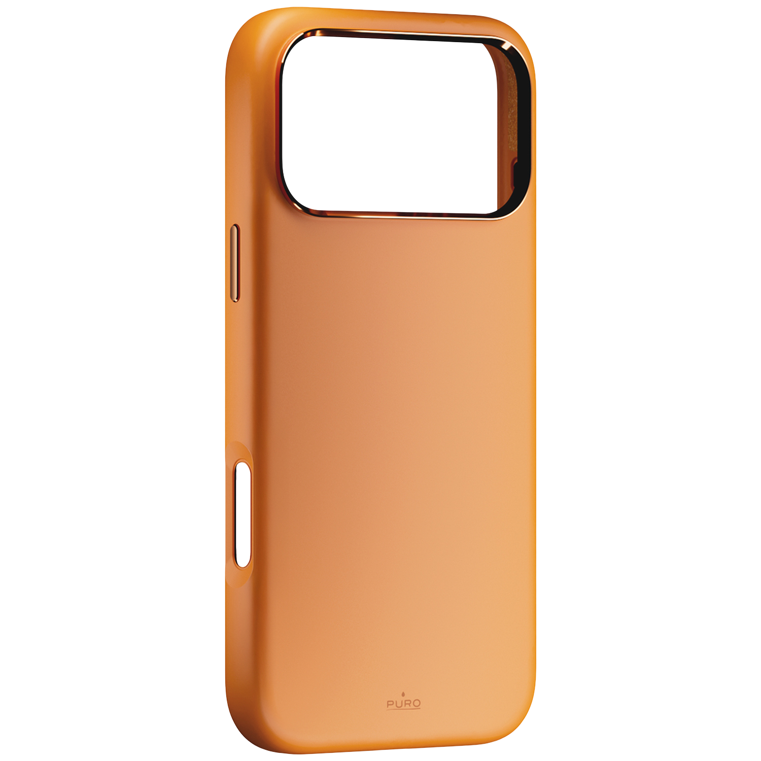 Coque de téléphone orange avec découpes pour appareil photo et boutons.