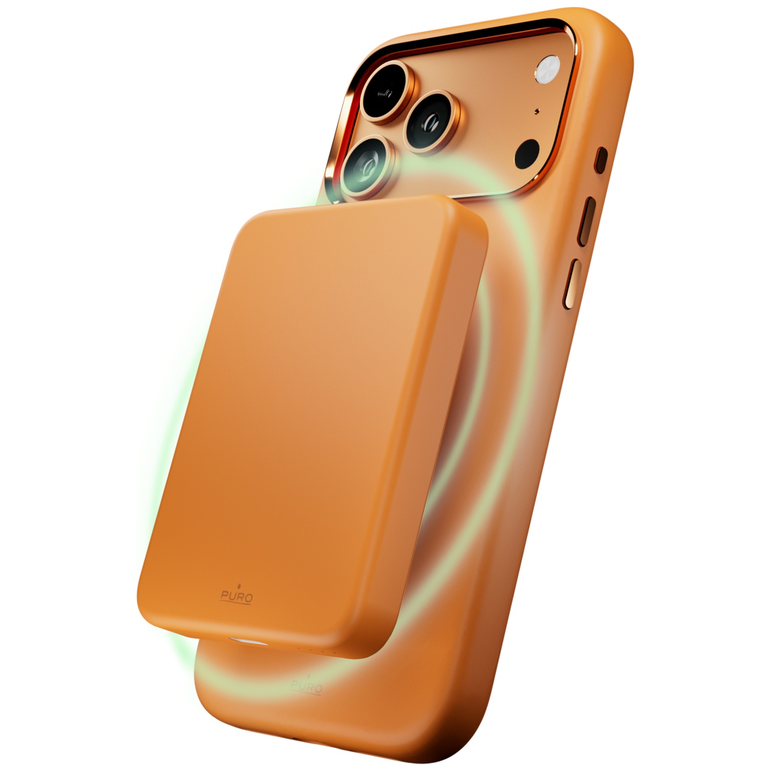 Téléphone orange avec appareil photo et dos détachable, indicateur de charge vert.