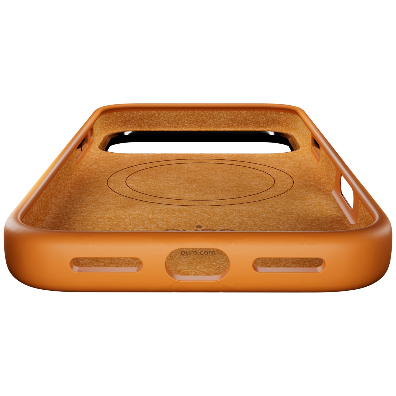Coque de téléphone orange avec doublure intérieure texturée et découpes.