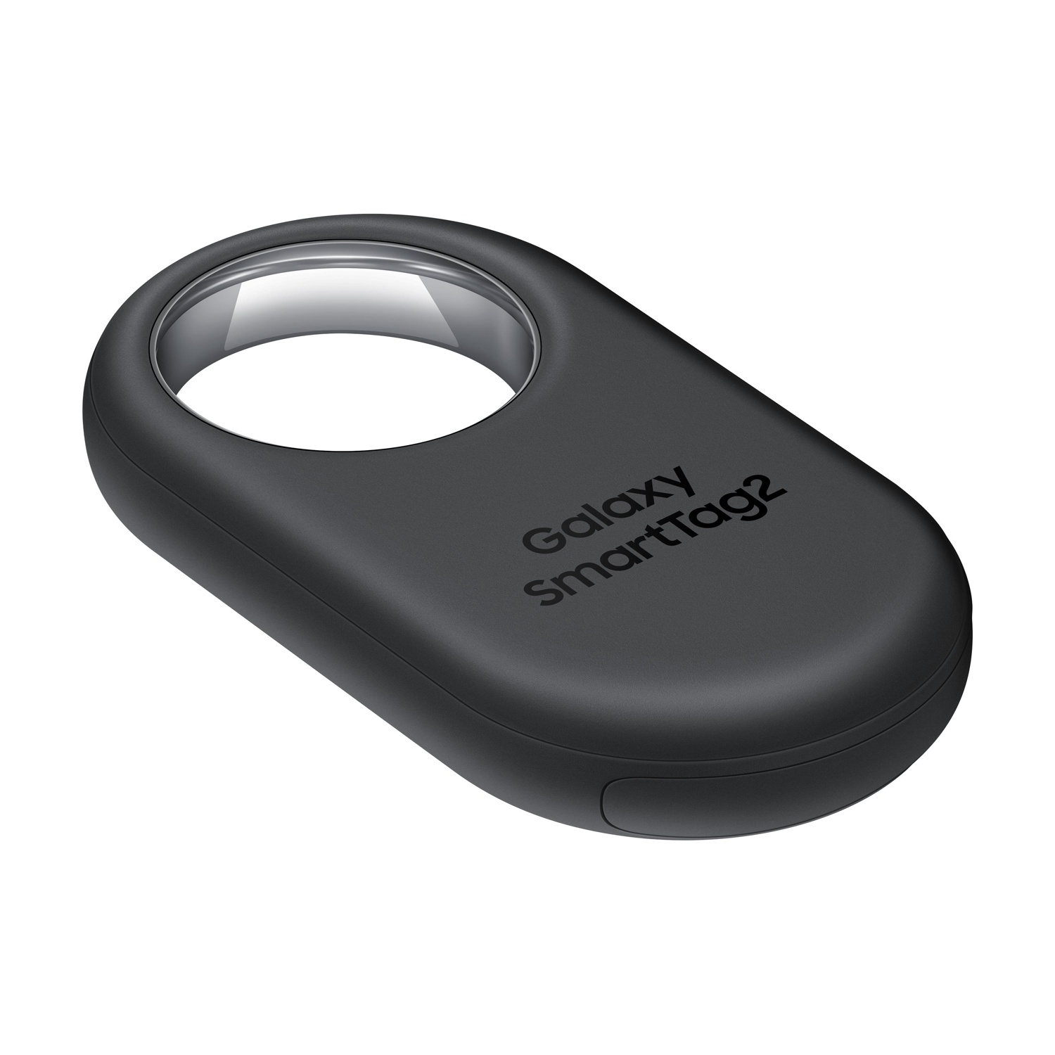 Galaxy SmartTag2 nero con anello argentato su sfondo bianco.