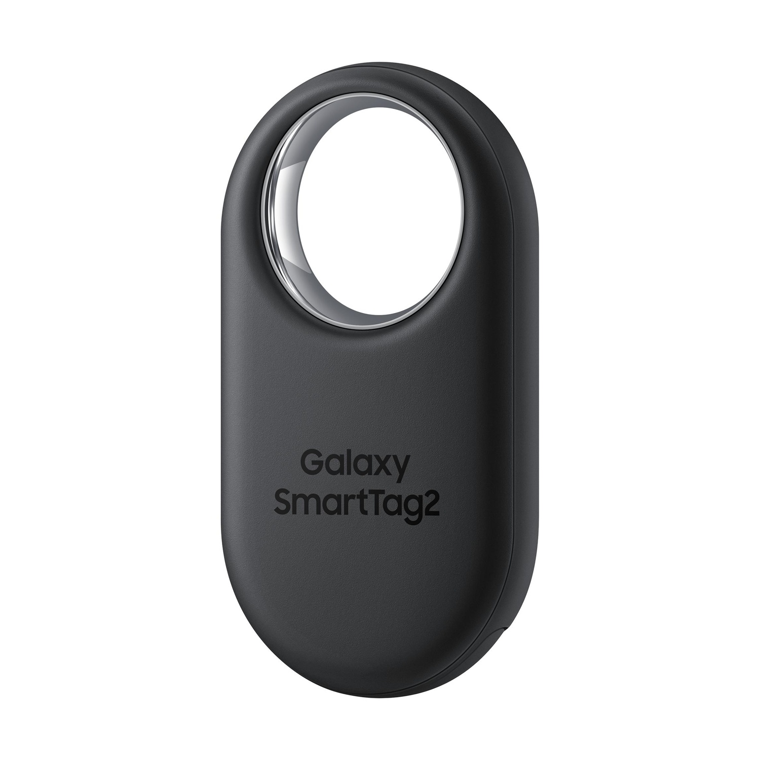 Galaxy SmartTag2 nero con anello argentato, su sfondo bianco.