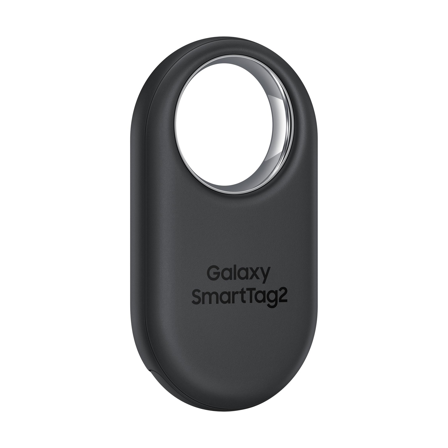 Galaxy SmartTag2 nero con bordo argentato e foro.