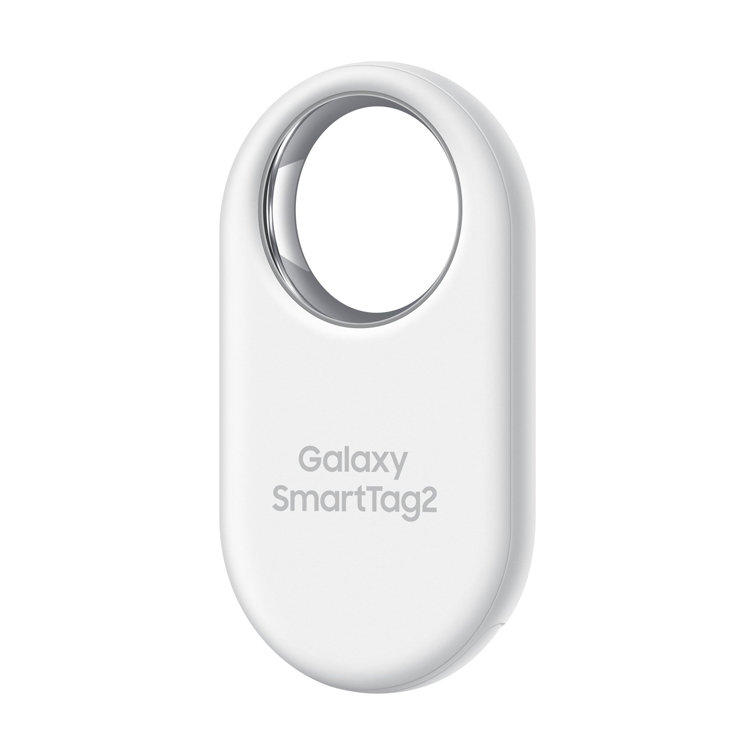 Un Galaxy SmartTag2 bianco con anello e foro argentati.