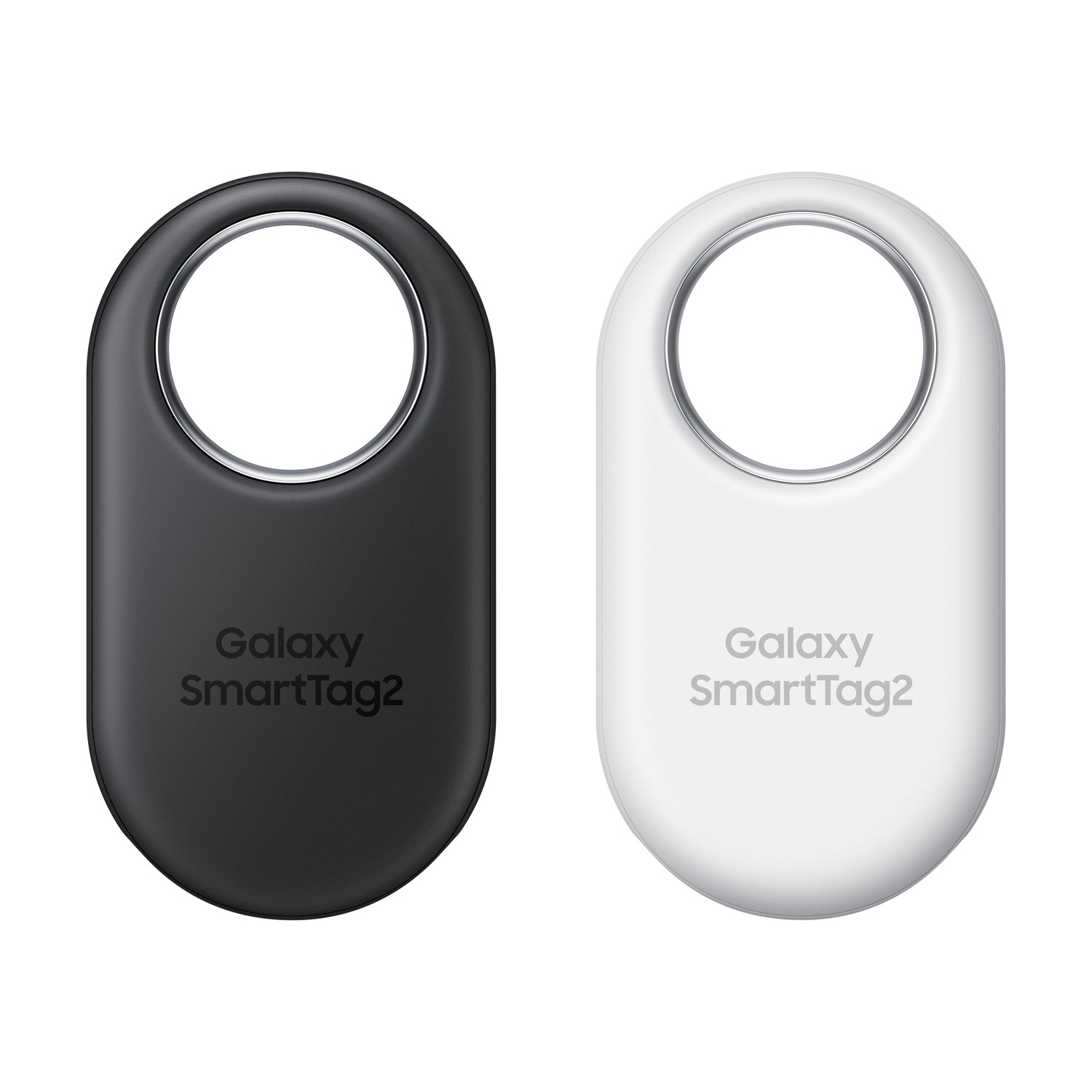 Due tracker Galaxy SmartTag2: uno nero, uno bianco, uno accanto all'altro.