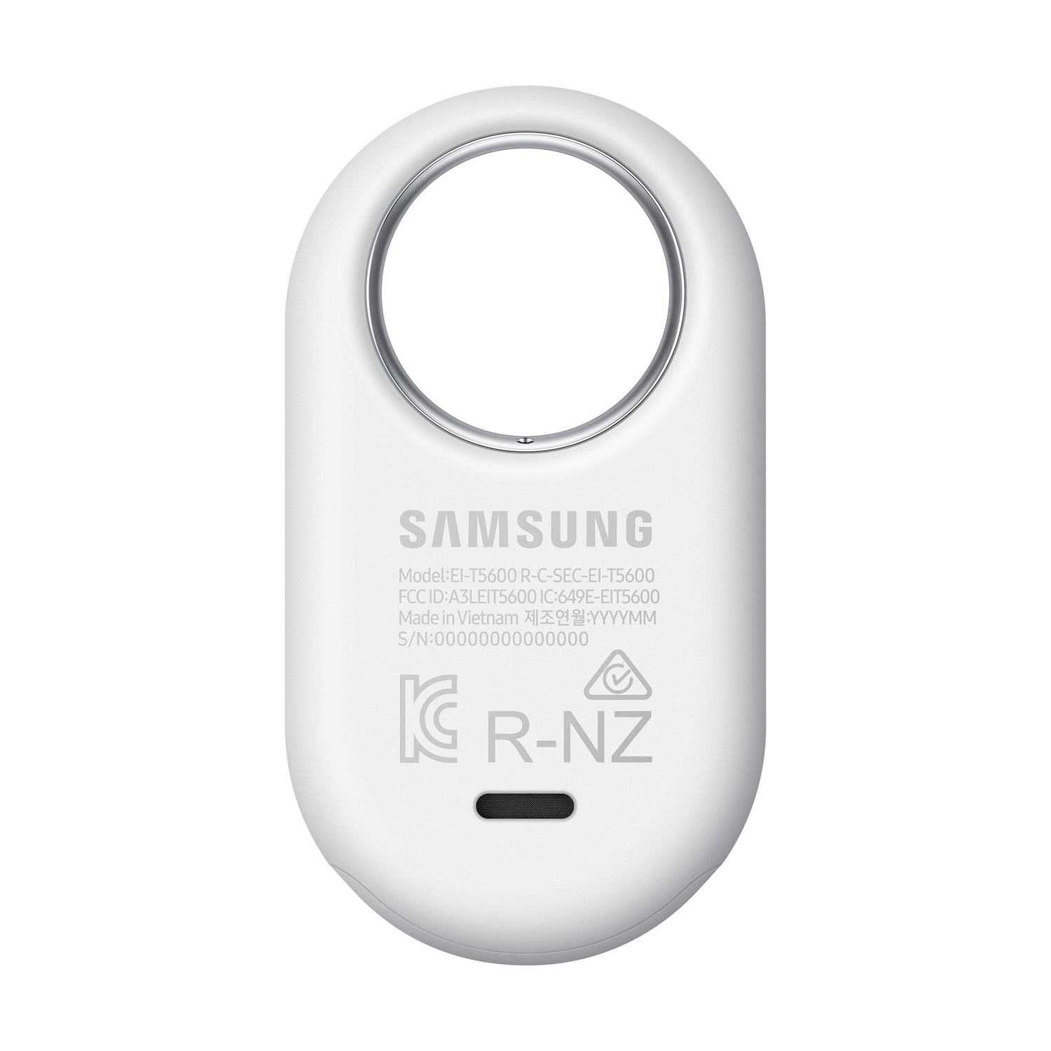 Dispositivo Samsung bianco con apertura circolare e dettagli testuali.