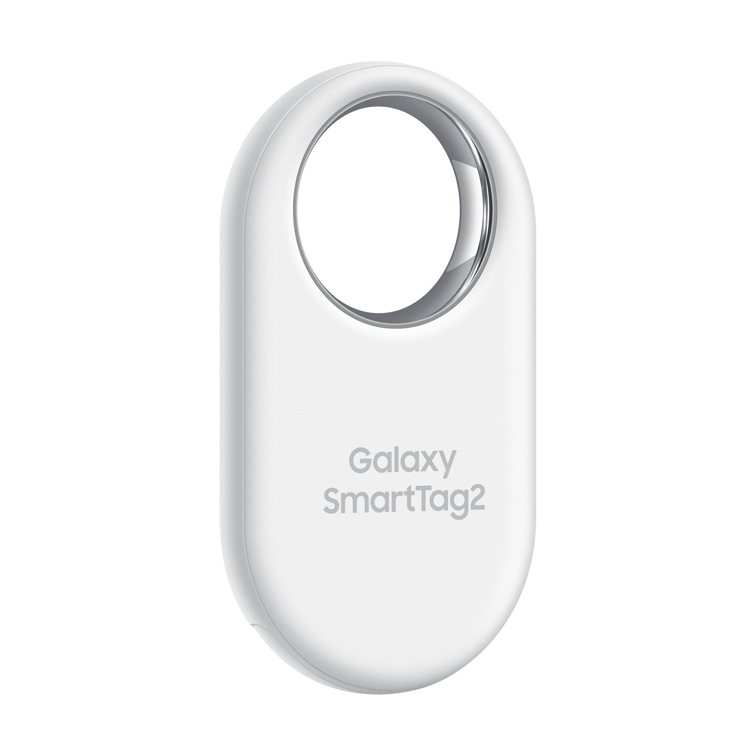 Samsung Galaxy SmartTag2 bianco con anello e foro argentati.