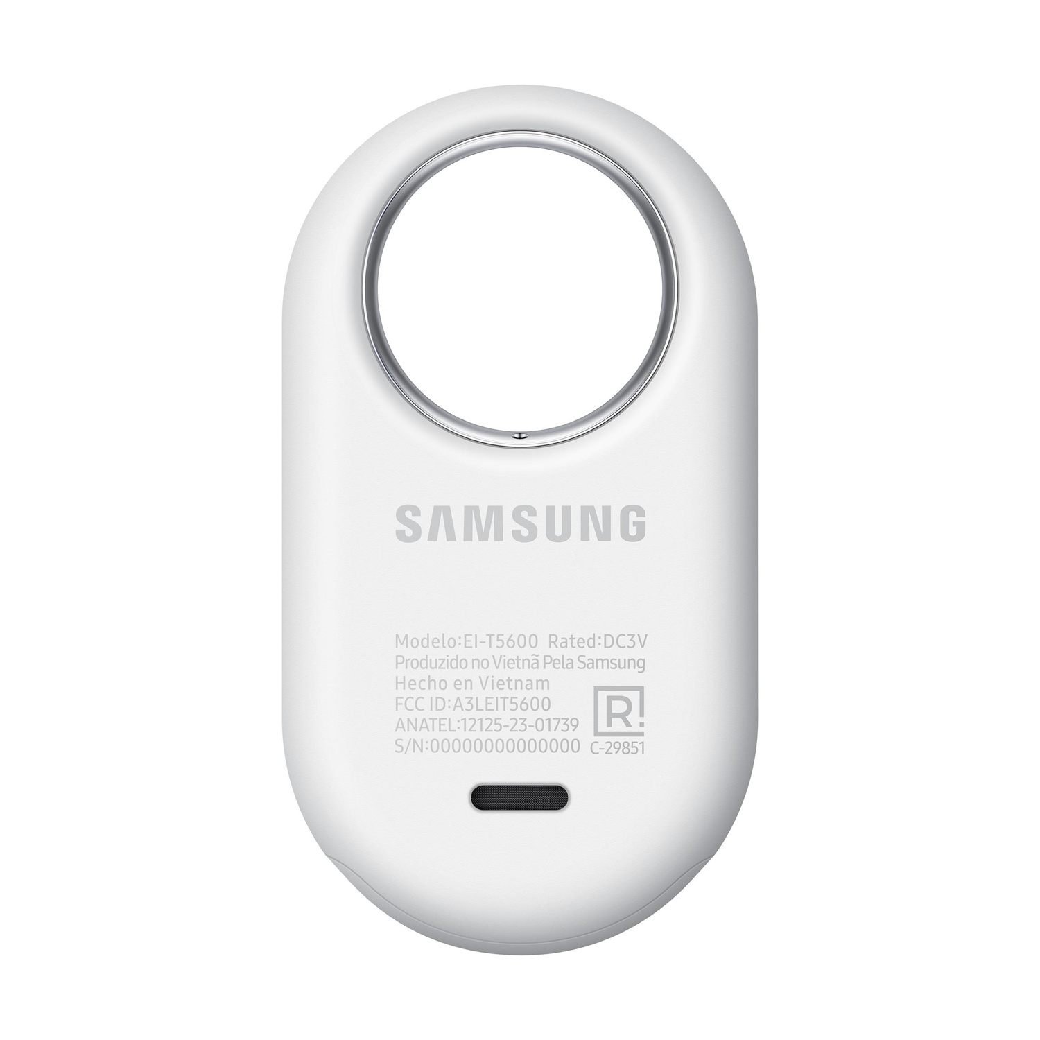 Un dispositivo Samsung bianco con un ritaglio circolare in alto e numero di modello.