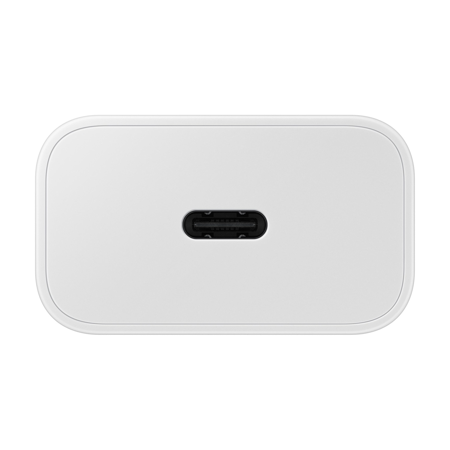 Un adattatore USB-C bianco con angoli arrotondati e una porta centrale.