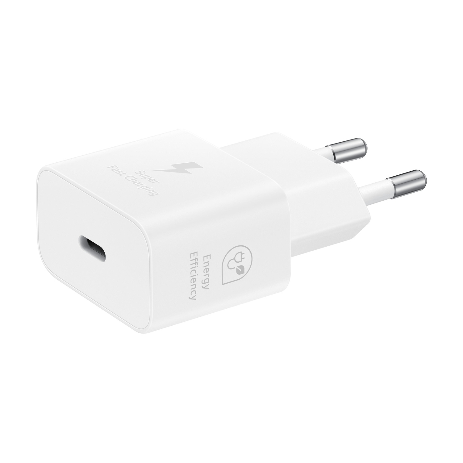Una spina di ricarica bianca con porta USB-C e due pin metallici.