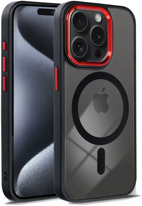 HAFFNER iPhone 15 Pro Max Edge Mag Cover szilikon tok, piros-fekete-átlátszó (PT-6838)