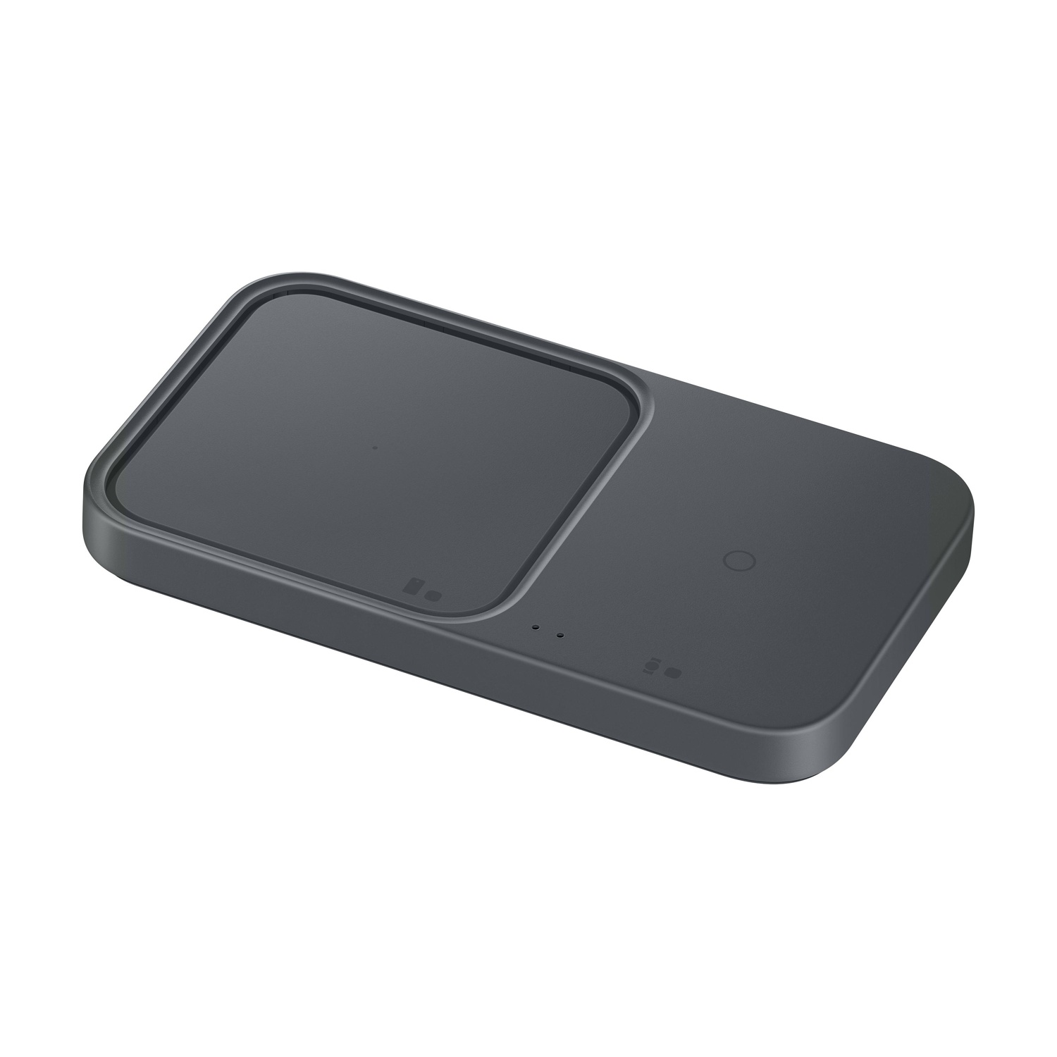 Un caricatore wireless rettangolare scuro con due pad di ricarica.