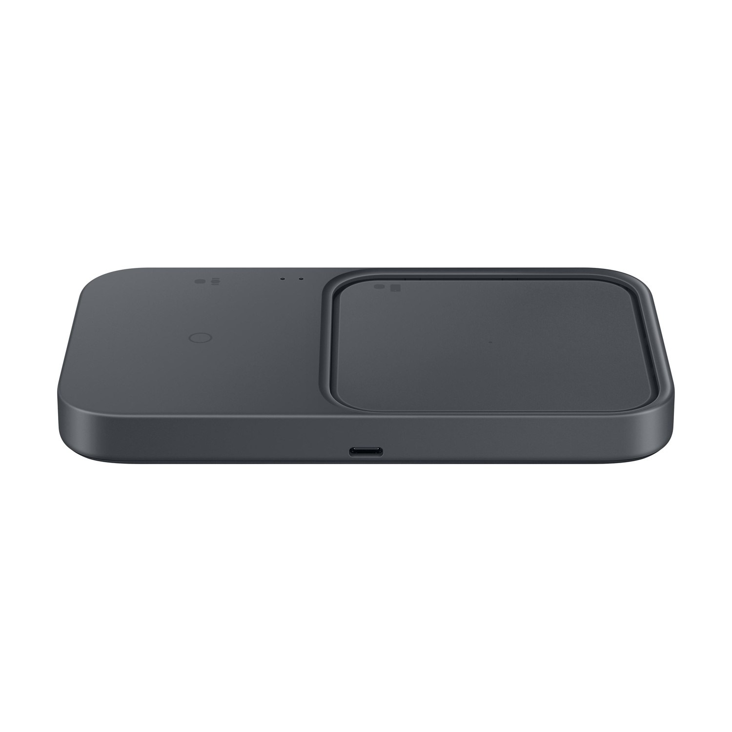 Caricatore wireless grigio scuro con due pad di ricarica e porta USB-C.