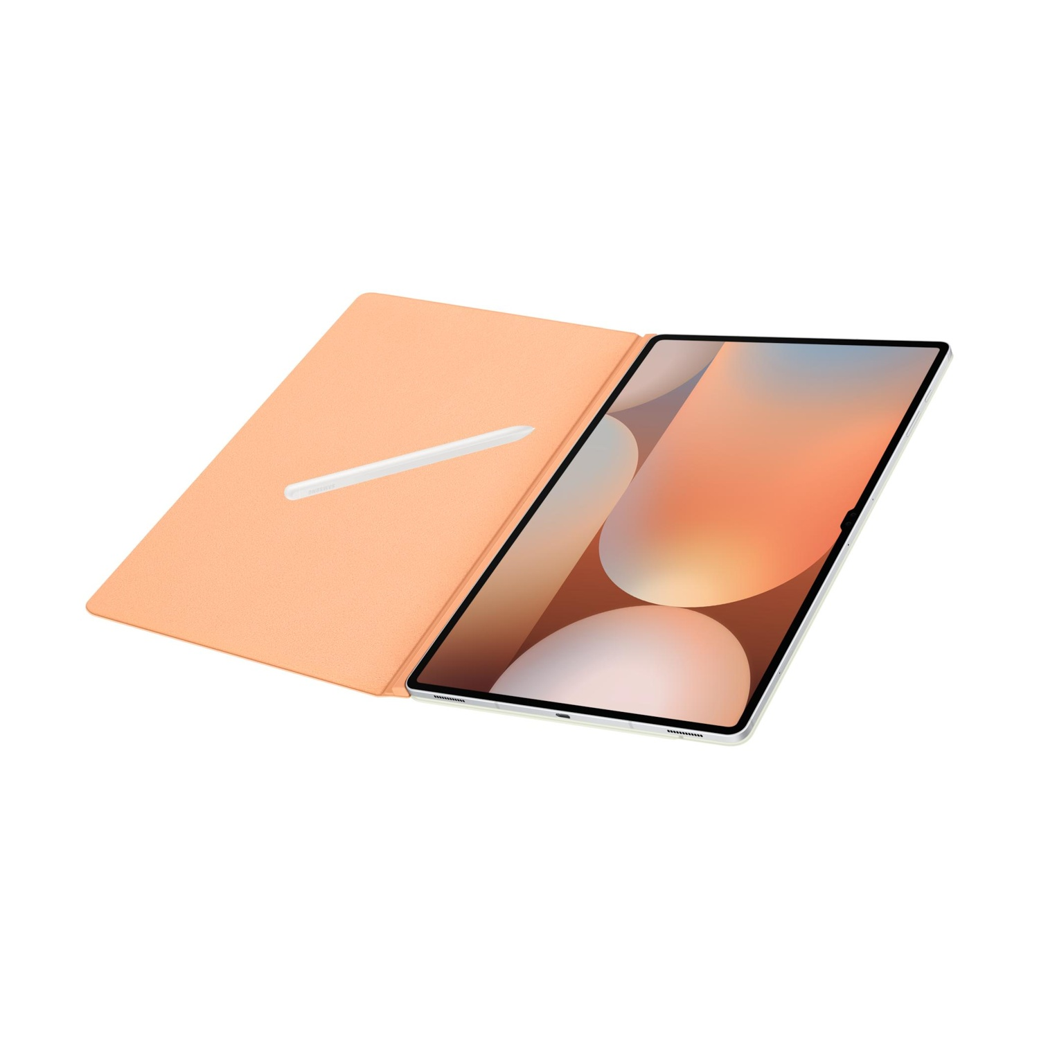 Un tablet con copertina color pesca e uno stilo sono appoggiati accanto.