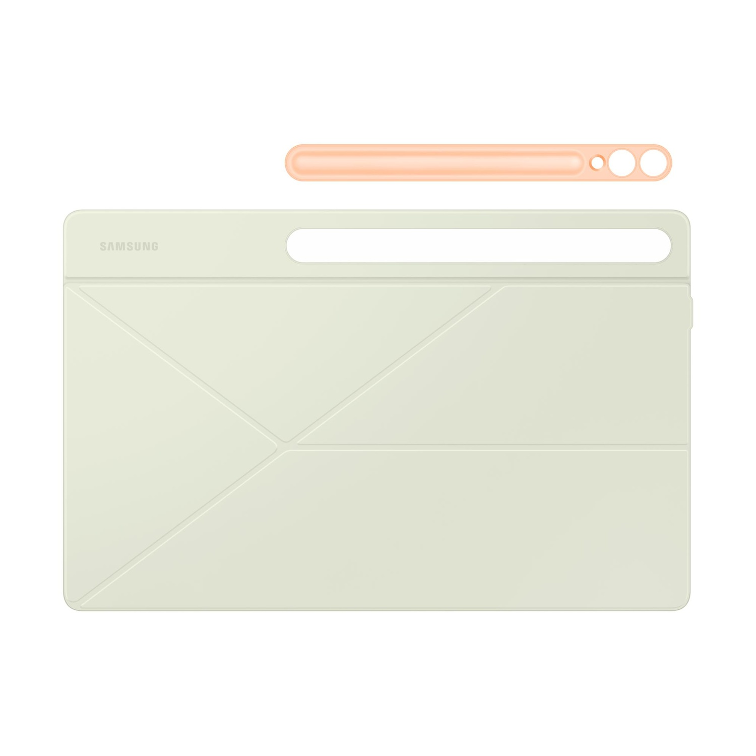 Un tablet Samsung verde chiaro con cover e uno stilo rosa chiaro.