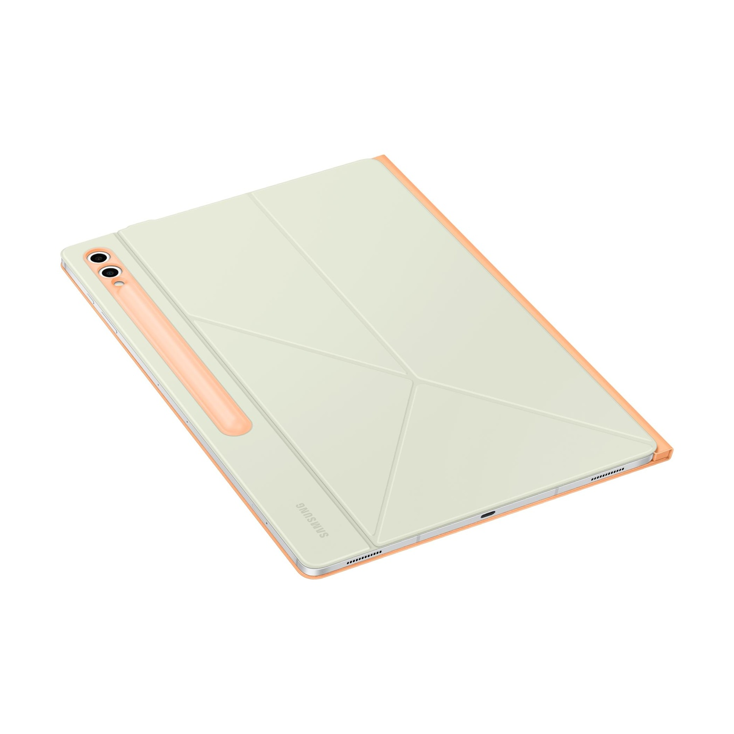 Un tablet verde chiaro con bordo arancione e portapenne.