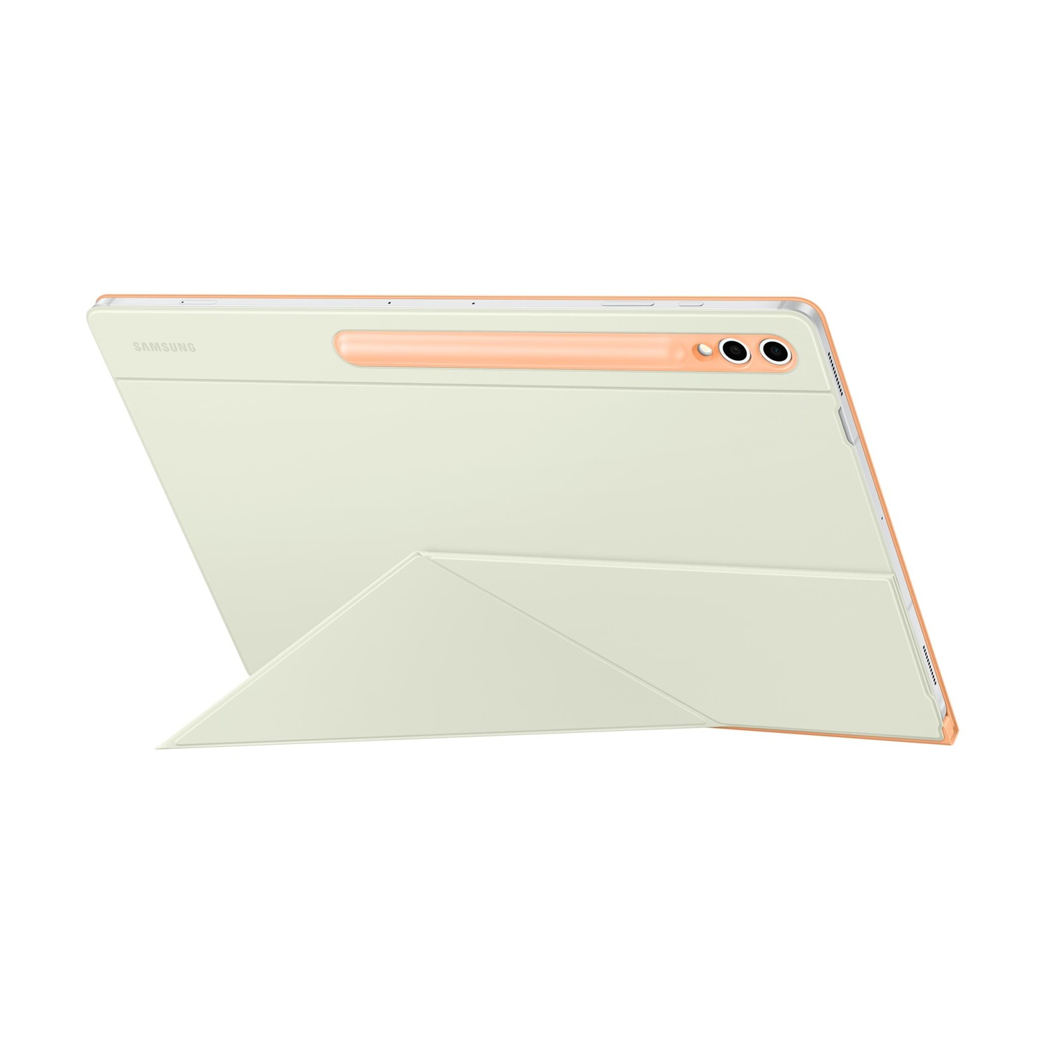 Un tablet verde chiaro con bordo arancione, in modalità stand.